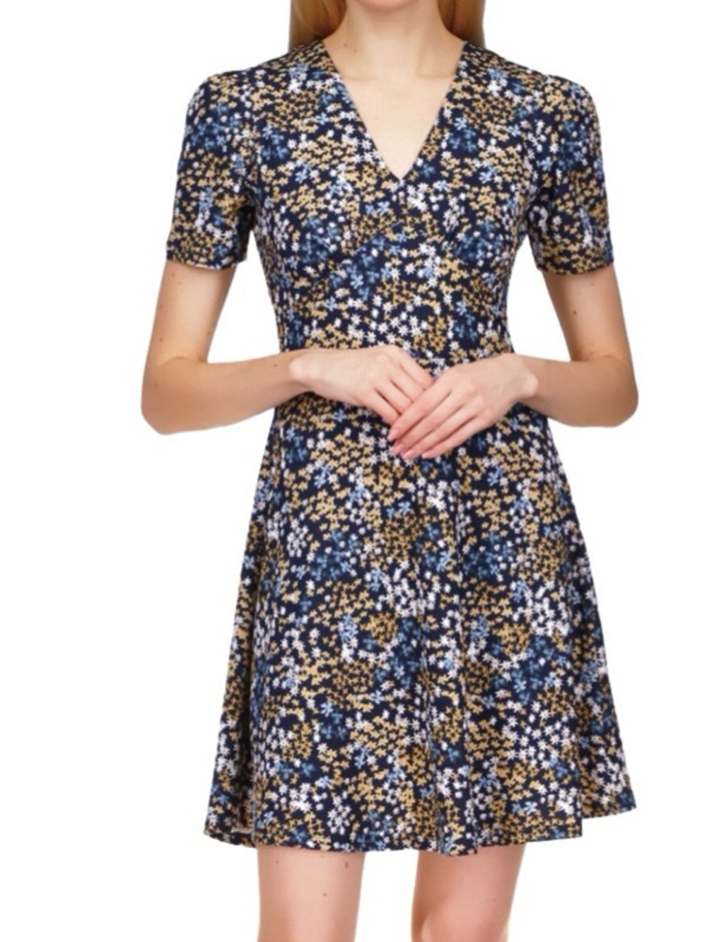 Michael Kors Short Sleeve Dress V-neck A-line Ditsy Floral Black Multi Size L